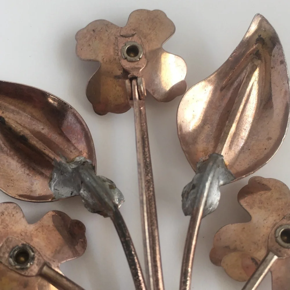 Art Deco Gold Vermeil Brooch‎ Sterling Silver Flower Spray Pin Floral Rhinestone